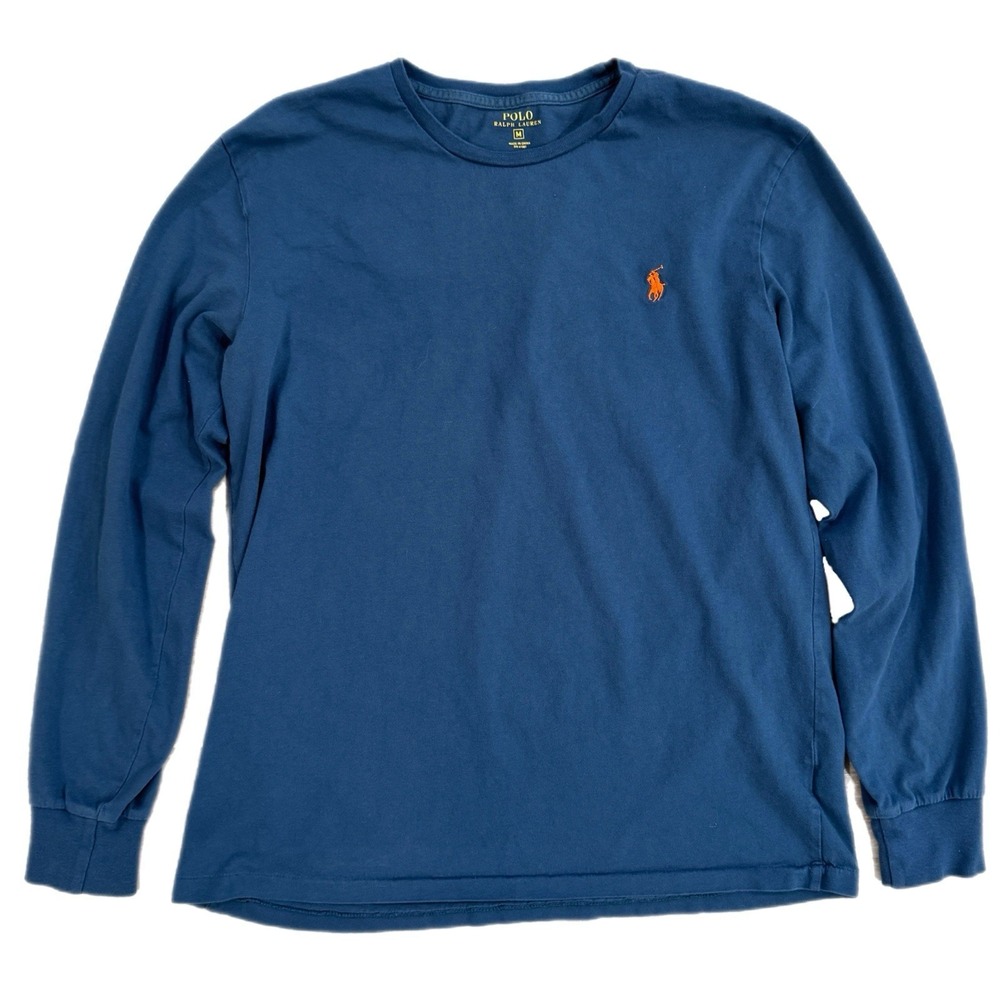 Polo Ralph Lauren Long Sleeve T-Shirt Blue Orange Pony Logo Cotton Mens Medium